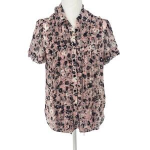 Kate Spade Silk Floral Print Bow Tie Neck Blouse Short Sleeve Small Pink